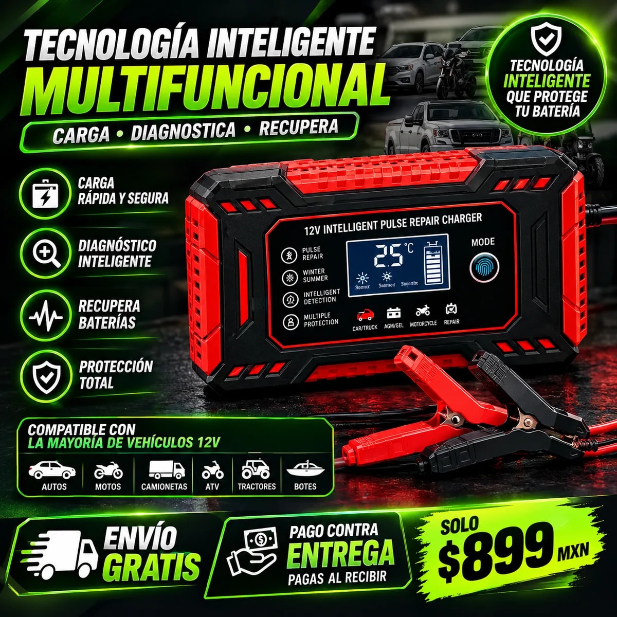 Cargador de batería inteligente multifuncional 12V